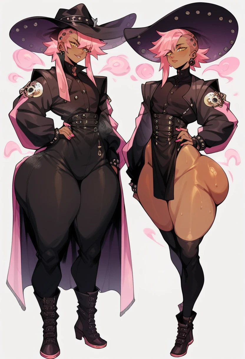 2 girls, girl racers, dark skinned with tanlines, topless, formula one race paddock, small breasts, fat ass, bubble booty, boots, covered in cum, covered in money, high quality resolution, very high quality, beautiful anime eyes, comparing asses, leaning against racecar, smiling, pink hair, fit models