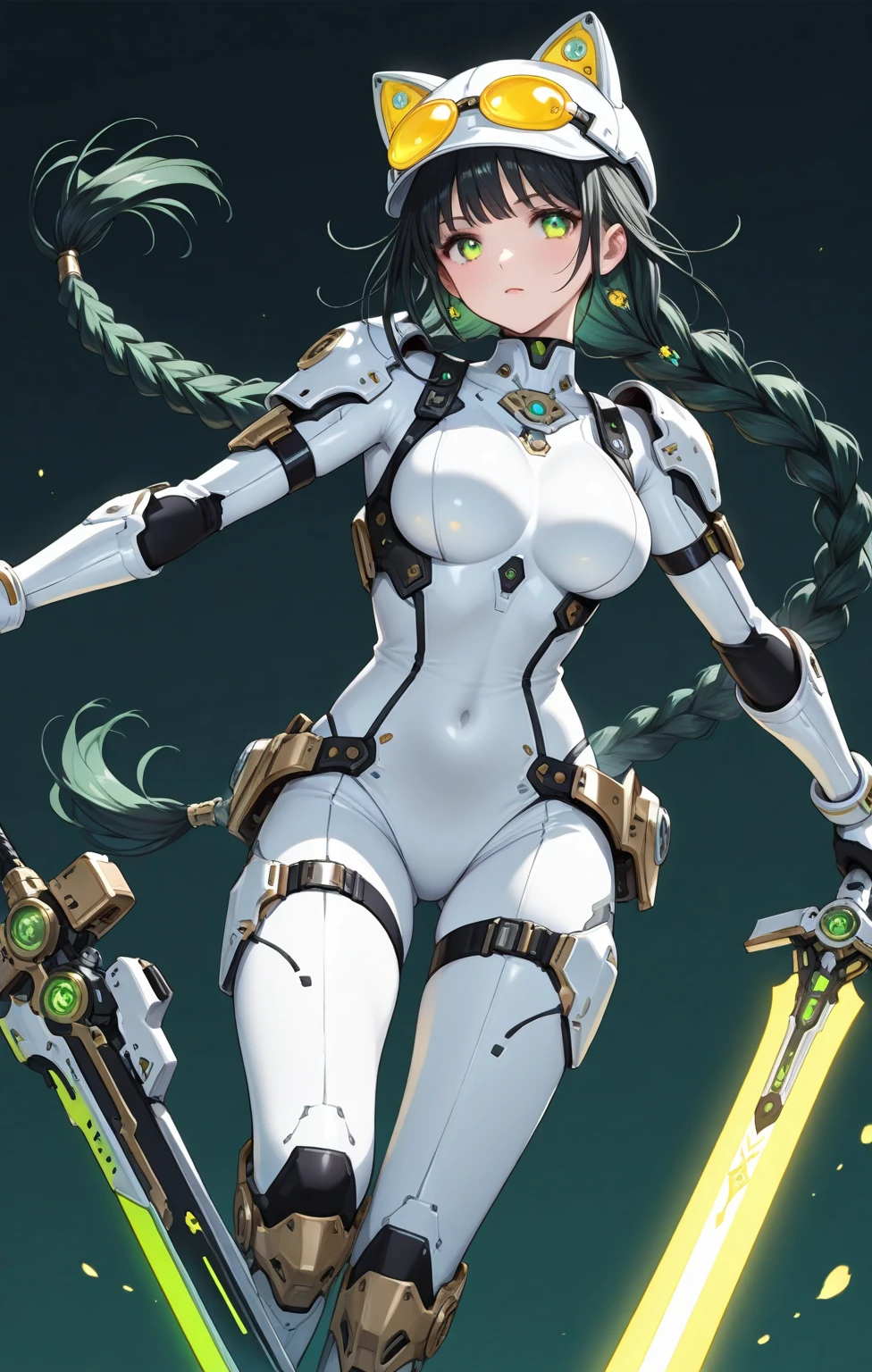 masterpiece, highest quality, (solo focus), (perfect face:1.1), (full body), (high detail:1.1), (hyper detailed eyes), dramatic, a woman with paleskin and long dark green hair, green eyes, solo, arrogant expression, neon cybernetic outfit, heels, white background, art by artgerm, cinematic lighting, fashion, BalenciagaStyle