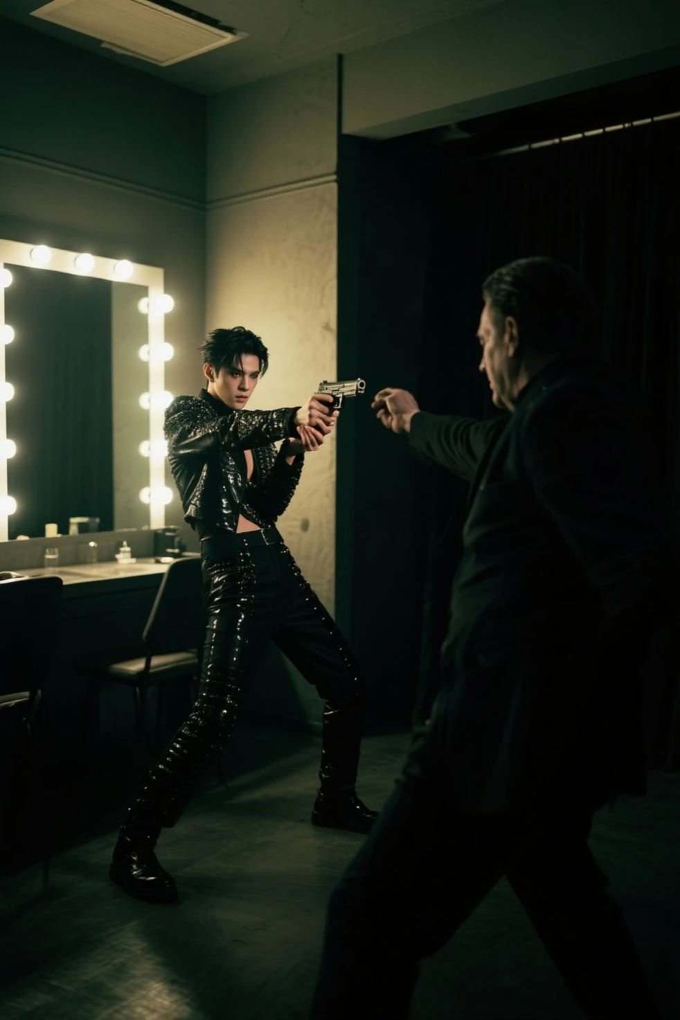 Idol in stage costume、The dark dressing room in the middle of the night、shoots down the evil producer、