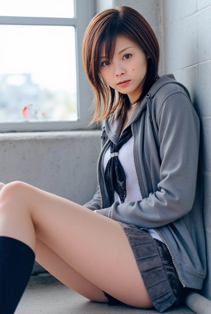 ,hoodie,smile,short hair,short,stare,cute,Teenage Girl Asian,cheek,whole body,Spread your legs