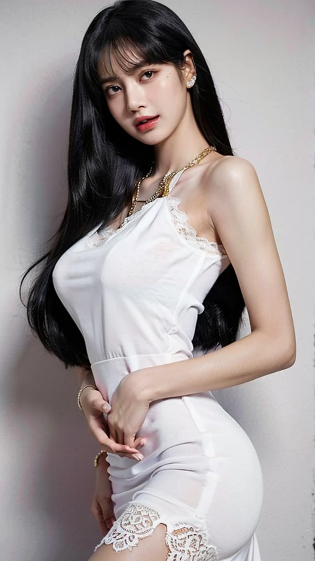 tmasterpiece，Best quality at best，A high resolution，8K，((Portrait))，(Head close-up)，Original photo，real photograph，digital photography，(The queen of the modern world)，(Female president)，20-year-old girl，straight long hair，By bangs，The amount of hair  amazing，red eyelack hair)，Big breasts，Chest groove， accessories，cparted lips，Keep your mouth shuegant and charming，Serious and arrogant，Calm and handsome，(Women's professional wear，Black)，Photo pose，Realisticstyle，greybackground，oc render reflection texture