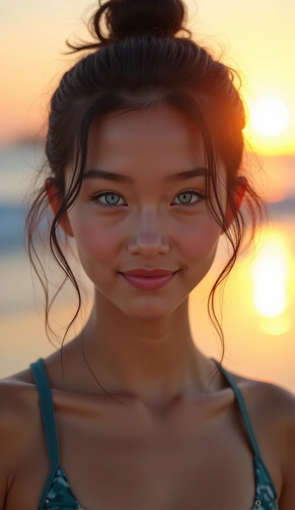 best quality, ultra high res, (photorealistic:1.4), Young Thai girl with blond hair and a bodybuilder physique, look away, smile, wet in the ocean, (sports bra: 1), beautiful detailed blue eyes, wet hair, red wet t-shirt