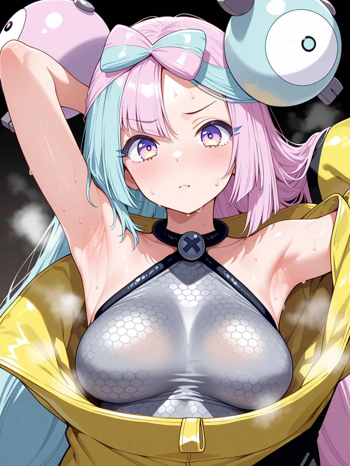 (best quality), (ultrafein), (masterpiece), Illustration, a girl,Kimono-Costume,cyberpunk, (cyberpunk,Kimono-Costume,Cybernetic implants),hot girl, Hair Accessories, bright colours,open breasts, Clear focus,Grumpy Details, Overclocked rendering, Cinematic edge light, fine light, masterpiece, super Details, epic work, Ultra-High-Definition, good quality, 32K, 90s Anime Aesthetic