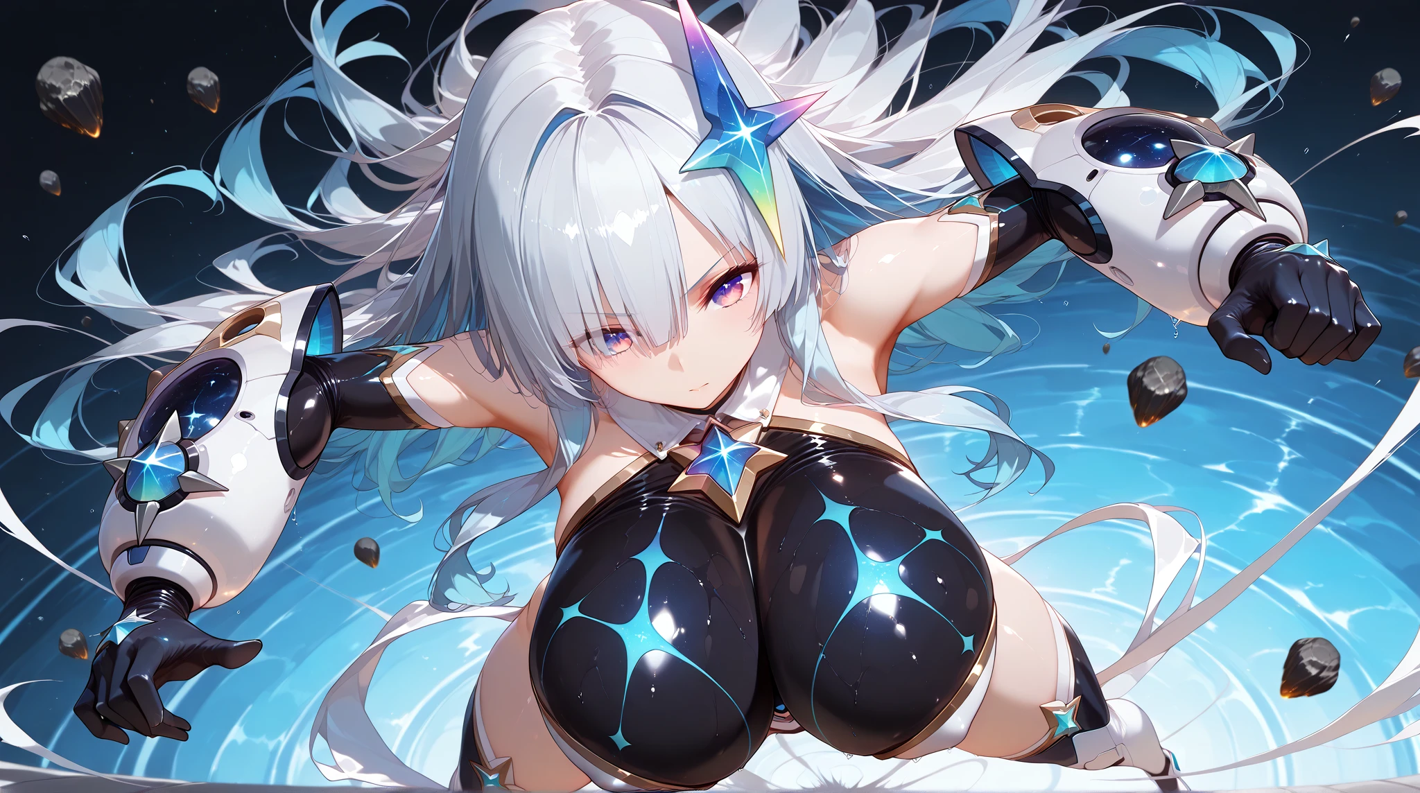 1girl,solo,super detailed skin,shiny skin,wet oily skin, tanned skin,expressionless,seductive smile,,,white hair ,unique and complex hair,eyelashes,lips gloss,huge breasts,beautifully shaped breasts, perfect nipples,topless,unique vinyl bikini ,v arms,oasis,,,masterpiece,best quality,ultra detailed,high resolution,sharp focus,depth of field