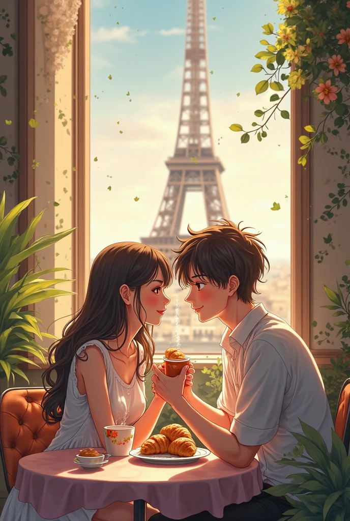 create a dark brown haired girl, Brown eyes, White skin, pink dress in Paris with a Colombian look and having a coffee with her younger brother Baron with the same characteristics



