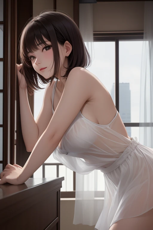 highest quality, 8k, High resolution, Very detailed, Realistic:1.37, anti-gravity environment, Beautiful Japanese Women, Mature Woman, Lady, Elderly woman, 55-year-old married woman, ((Small breasts)), Beautiful breasts, Soft Breasts, Sexy Breasts, Sweaty skin, ((Full body emphasis)), Fine Lines, Beautiful Lips, Sparkling eyes, Look straight ahead, (Red lipstick), Japanese-style room, tatami, Low Ponytail, Pearl necklace, Obscene appearance, (((Contrast Lace Satin Cami Night Dress))), ((stockings)), Functionalism, Hedonism,
