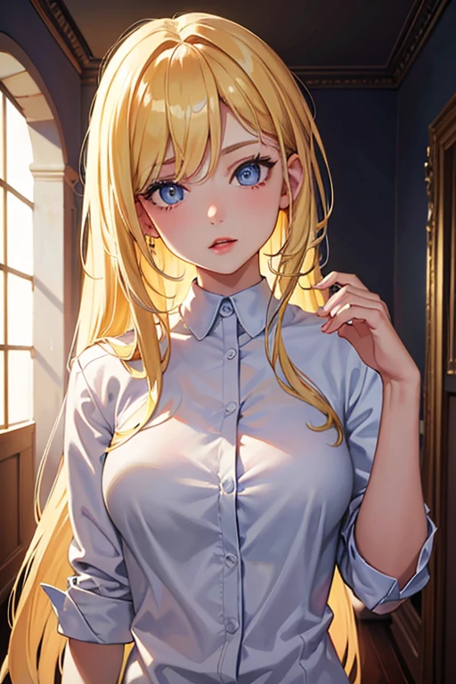 christaaot, medium breast, beautiful eyes, 1girl, daylight, sunlight, detailed hair, discret smile, full body, office background, blonde hair, random pose, white shirt, wuite panties, extremely delicate and beautiful, (masterpiece), beautiful lighting ,perfect lightning, realistic shadows, highres, detailed skin, ultra-detailed, transparent