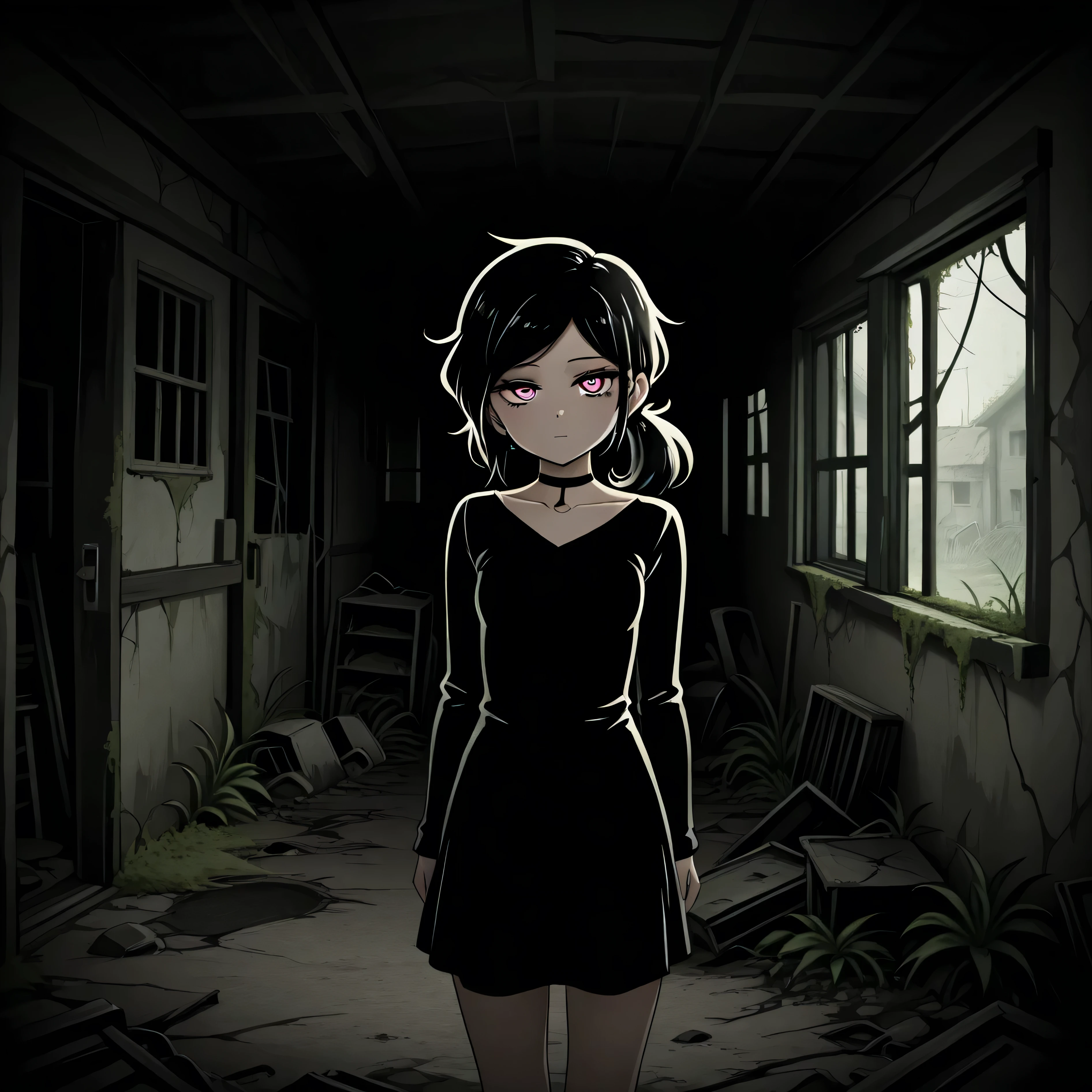 masterpiece, best quality, amazing quality, abandoned house, overgrown, 1girl, solo, Ashley, pink eyes, black hair, Dark, gothic aesthetic, Ponytail, straight hair, standing, looking at viewer,