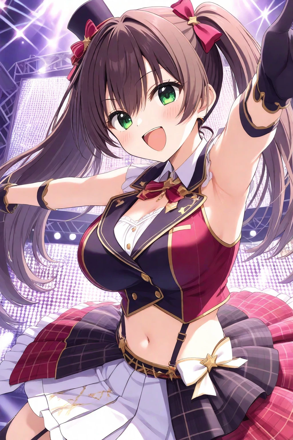 (​masterpiece, cowboy shot from below, sfw:1.3), (8K, highest quality fantasy anime, Top image quality: 1.4), 12yo kawaii petit  leaning forward and looking down at viewer on the stage、against the spotlight, blush, showing cleavage of the medium breast:1.2、no bra, perfect pupils of big droopy  eyes, Super Detail Face、Eye of Detail, open mouth、sharp focus:1.2,  pretty:1.4、top-quality、​超A high resolution、(moe anime:1.4)、Highly detailed and professional lighting, tempting smile、natural make up, light cute fantasy idol costume、Shoulder out、no bra, high beams, mini skirt, crotch peek, natural facial expression、medium hair、Fatal position, gorgeous background