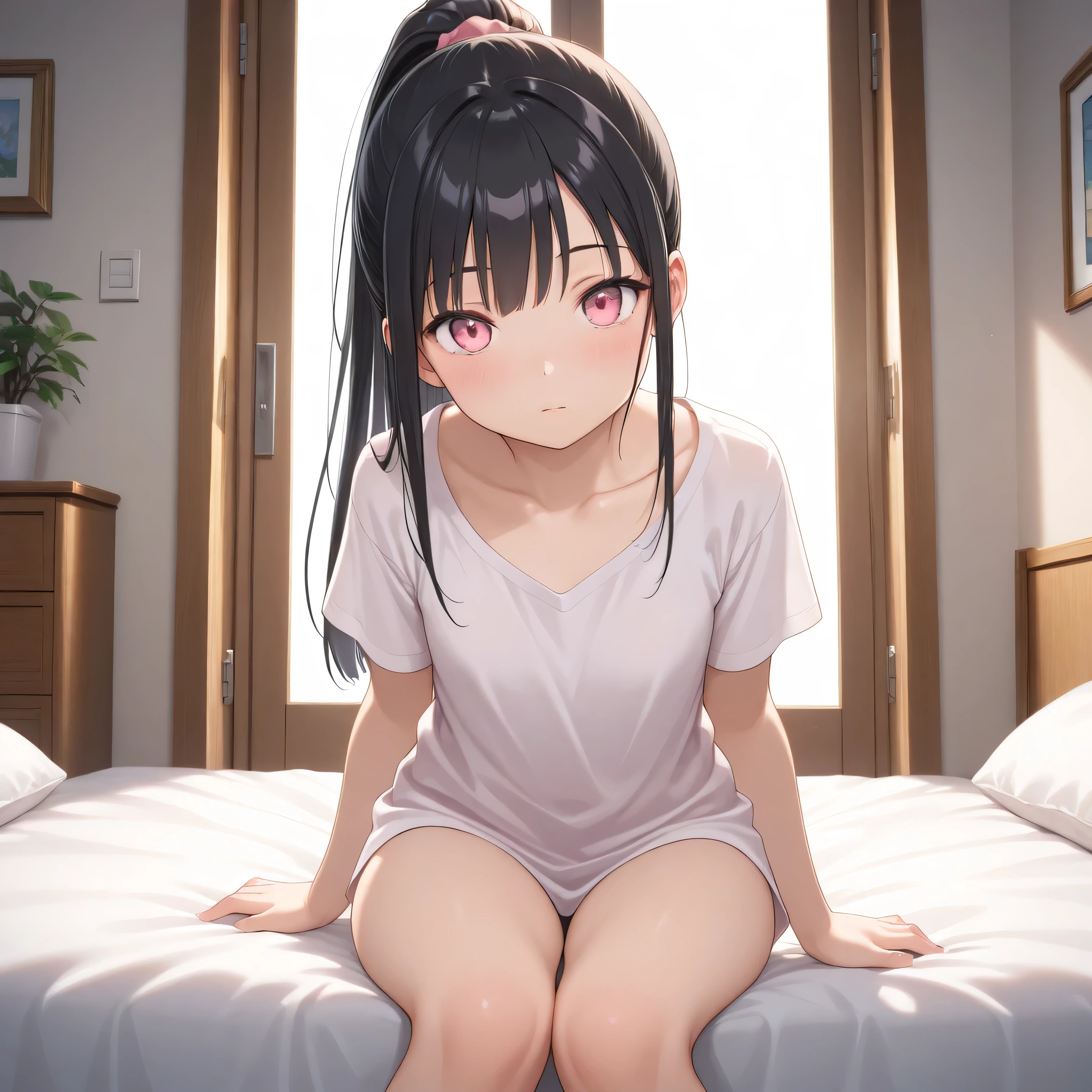 15-year-old girl, ((School uniform of Y-shirt, string ribbon, and pastel colored miniskirt、clothes are exposed、sexy bra and underwear))、(Black hair color、Red inner color hairstyle、Hair expressed with a delicate touch), Beautiful Hair, Facial Contour, Remember, ,Hotel, splash, Lens flare、night,illumination、Natural Color, High resolution, Very delicate, Very detailed, 8k,Lying in bed、（Breast size around B cup）、Shyness,((Sexual)),((Sexy feeling)),Angle from the feet