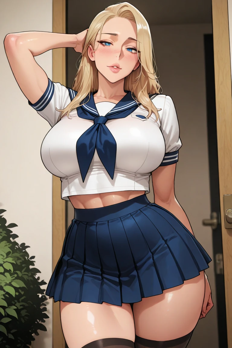 1 woman, blonde ponytall, plump body, blue eyes, Indonesian high-school uniform, white shirt, osis logo on shirt pocket, bellybutton, pussy, natural big breasts, no bra, nipple, up table, light-grey pleated skirt, full body shot, smiling, in the classroom, high ultra Detailed, 4k