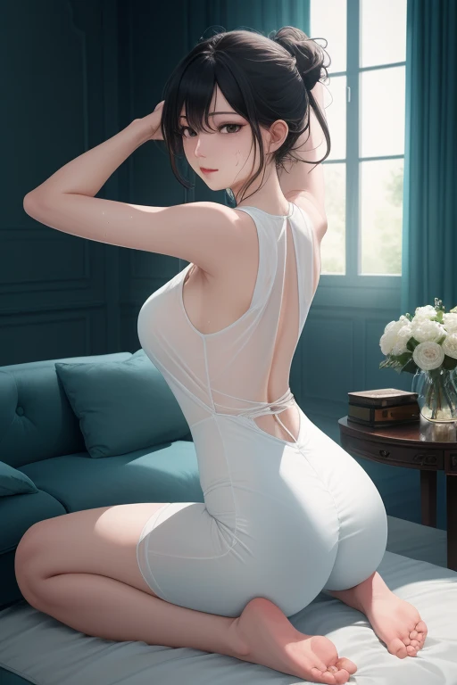 NSFW、Big Breasts、Backwards、Looking back、Beautiful buttocks、Emphasizes hip line、(Pure white silk mini dress、Pure white silk tight dress、turtleneck、No sleeve)、Beautiful thighs、独奏、Female college student、Stand with your legs spread wide、Arms raised to show armpits、Dark Eyes、(Grown-up、I opened my mouth slightly、Sexy look、Blushing)、(Black Hair、Medium Bob)、University、classroom、