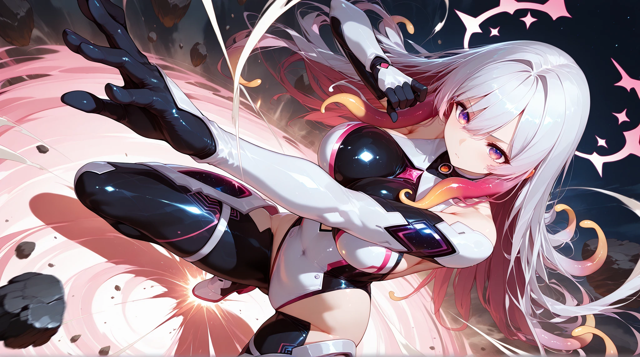 4K,hight resolution,One Woman,White pink hair,poneyTail,Colossal tits,ninjartist,White Cybersuit,Cyber Sword,underground city