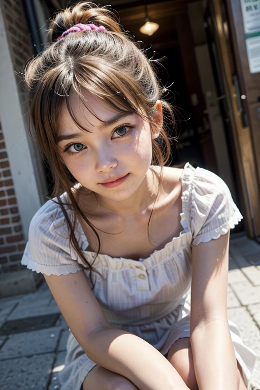 ((software: 1.4)), (( Detailed face, Cute Face, Detailed face,  Professional photography)), ((((Are standing)) , (Hands on knees) , Leaning forward ( smiling : 1.2),  Earrings)), (( Shiny platinum blonde silk hair, beautiful shiny bangs, Big clear sky blue eyes, Very beautiful bright eye highlights, 1 person)), Ultra-high resolution, (Realistic: 1.4), RAW Photos, Highest quality, (PhotoRealistic Stick), concentrated, Soft Light, ((15 years old)), (( (Young Face))), (surface), (Depth of written boundary), masterpiece, (Realistic), woman, bangs, ((1 person))