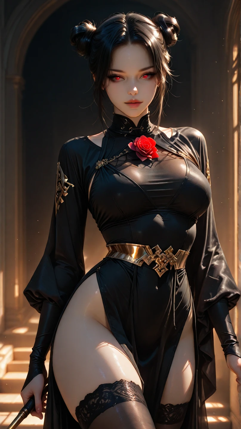 yor briar, anime style beutiful woman, 1girl,fullbody, happy, smile, red face, closed mouth, beautiful detailed eyes, super detailed skin, backlighting, bare shoulders, black background, black dress, black gloves, black hair, breasts, dress, earrings, fingerless gloves, floating hair, floral print, flower, gloves, gold earrings, gold hairband, hair flower, hair ornament, hairband, holding, holding weapon, jewelry, large breasts, long hair, looking at viewer, off-shoulder dress, off shoulder,red eyes, short hair with long locks, sidelocks, solo, spikes, thighs, two-sided dress, two-sided fabric, weapon, fighting stance , face, close up, from above, highest quality, high resolution.