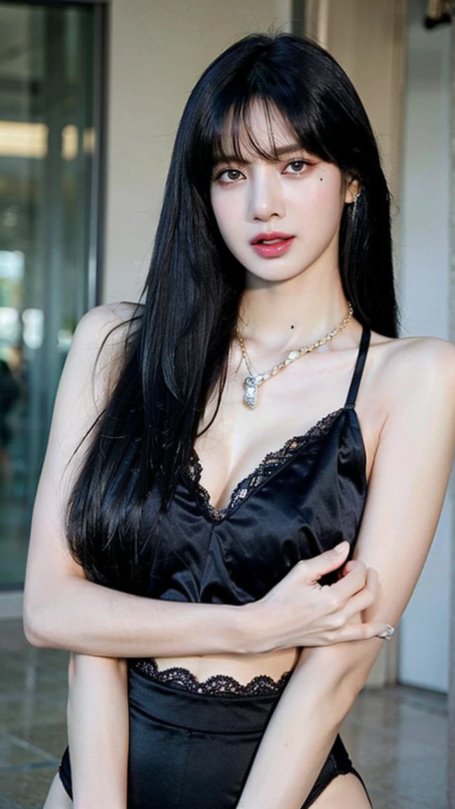 1girl, alone, solitary, high quality, (best quality,4k,8k,highres,masterpiece:1.2),ultra-detailed,(realistic,photorealistic,photo-realistic:1.37),gorgeous hair,black hair,long straight hair with bangs,sharp eyes,mole under the eye,plump lips,jewelry,(high detailed skin:1.4),(rim lighting:1.3),(lit:1.3),(sunny day:1.3),portrait,beautiful lips,waist-length hair,seductive gaze,moles,casual clothes,colorful clothing,close up,super long hair,choker necklace,tattoos,tattooed,light eyes,bangs,fringe,20 year old,dimples on the cheeks,dimples,black hair,darkblackhair,dark jet black hair,black,dark hair,beautiful smile,perfect teeth,straight teeth,perfect sized teeth,dazzling smile,red lips,red lipstick