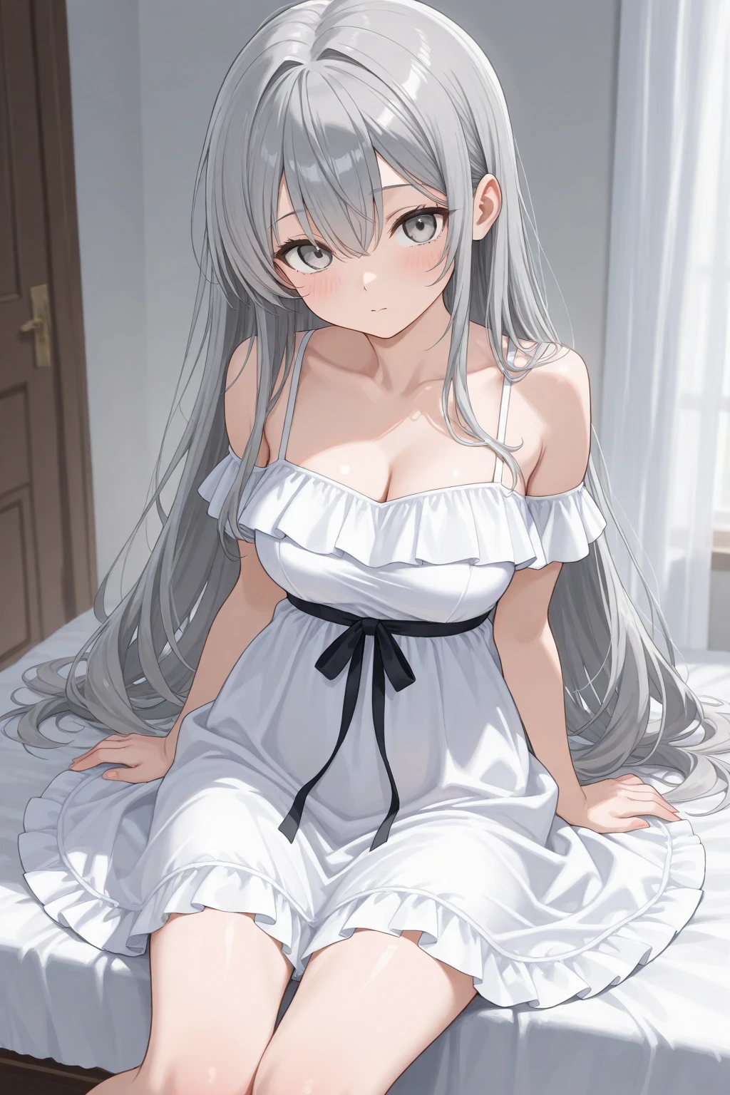 A woman with big ,Beauty,Silver long hair,transparent,(Super short)Nightdress,weak,bedroom,Sexy,