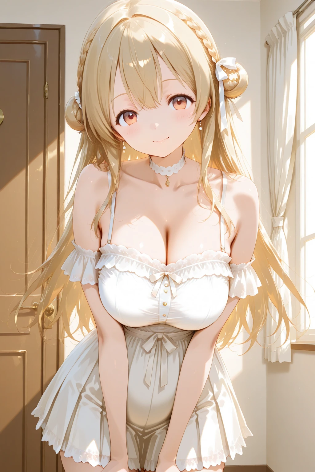 masterpiece, best quality, highres, hmmisaki, long hair, symbol-shaped pupils, +_+, large breasts, white gloves, elbow gloves, white thighhighs, smile, Shoulder bag Cleavage Earrings, necklace, clavicle, Off the shoulder, Sweater Dresses, Short sleeve, White knee socks, street, Are standing, Cowboy Shot, smile, , Open your mouth, In town panic++++ Embarrassed+++ Excited+++ Two Women Insert Embrace++++ Sex+++ (Rub the chest firmly,)
