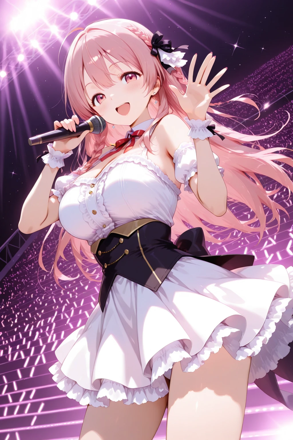 adult women、Accurate number of fingers、accurate number of legs、Exact number of arms、Bangs, ribbon ponytail, brown hair, (blush:1), (Put one hand in your underwear:1.8), fingering, (cat juice:1.2), cum in mouth, (A woman holding a microphone ready to sing:1.5)、White and Navy Idol Outfit、The outfit includes a navy blue icon style corset., There is a ribbon on the collar of that costume.、Clothing covers shoulders, side, upper arm, and weapons., This costume is only open at the chest.、high socks、White idol style skirt, (Delicate and luxurious decorative lingerie:1.3), Ribbon at neckline, (White and pink with lots of lace:1.3), White lace:1.2), Sexy Lingerie, Raise your legs high、 beautiful big breasts, (Nipples erect:1), The skirt is rolled up、best quality, High resolution, (Detailed and beautiful eyes:1.6), The facial details are very rich, perfect lighting, Very detailed CG, (perfect hands, perfect anatomy),Embarrassed expression、The expression of not wanting to go to the toilet, (Sexual pleasure expression:1.4), (expression of pain:1.2)、close eyes、sexy look、look up、mouth half open、、(live stage、A lot of viewers:1.3)、whole body