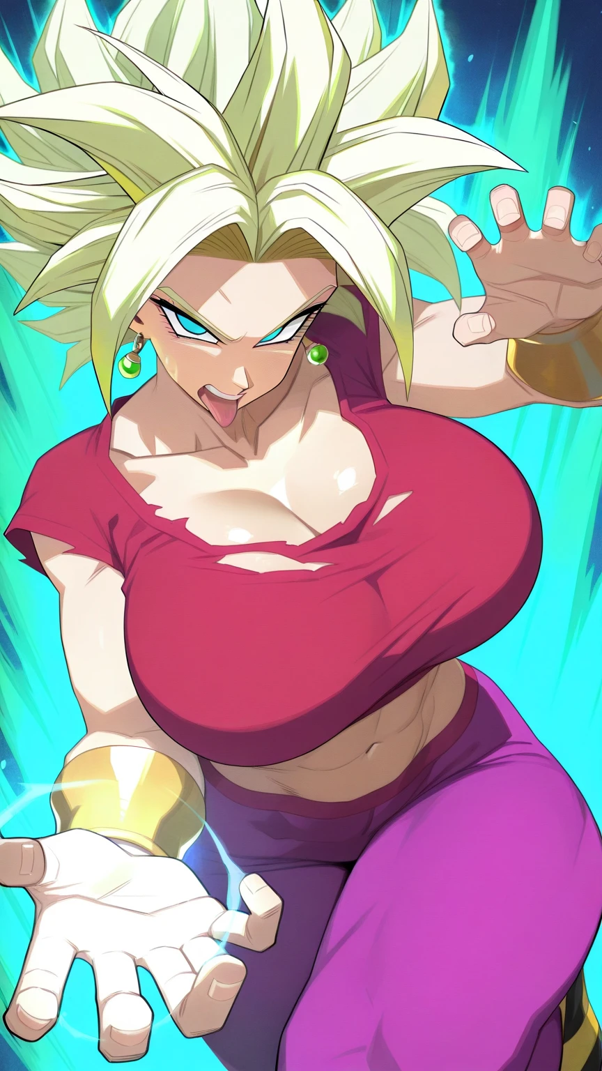 RAW photo, (high detailed skin, detailed eyes:1.1), intricate details, best quality, 8k uhd, soft lighting, Vegetto, breasts, (female:1.2), 1girl, earrings, jewelry, white gloves, spiked hair, dougi, smile, blonde hair, green eyes, super saiyan, bikini, jacket over, sexy, fighting