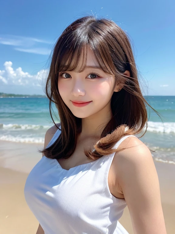 Ultra-high resolution, Superior Quality, highest quality, Super detailed, Realistic, 8k, RAW Photos, highest quality, masterpiece, Attractive girl, A wonderful girl, Brown Hair, Shoulder-length layered, Mesh Hair, Japanese Idols, Sophisticated, stylish, blouse,smile、Random cute poses、Selfie composition、From above at an angle、Being on the beach