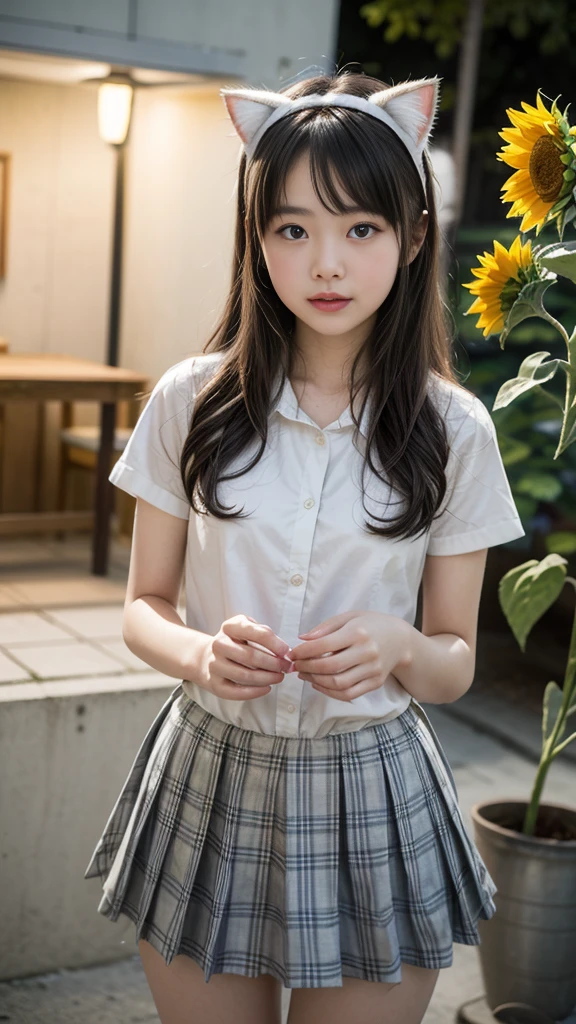 8k,Japanese,9 years old,Innocent and innocent face,Highly detailed face,Kind eyes,bangs,Hair blowing in the wind,girl,cute,Summer clothes,Casual wear,Short sleeve,Random Collar Shirt,Random Skirt,The background is a flower field,Medium-long straight hair,Black Hair,Décolletage,Thighs