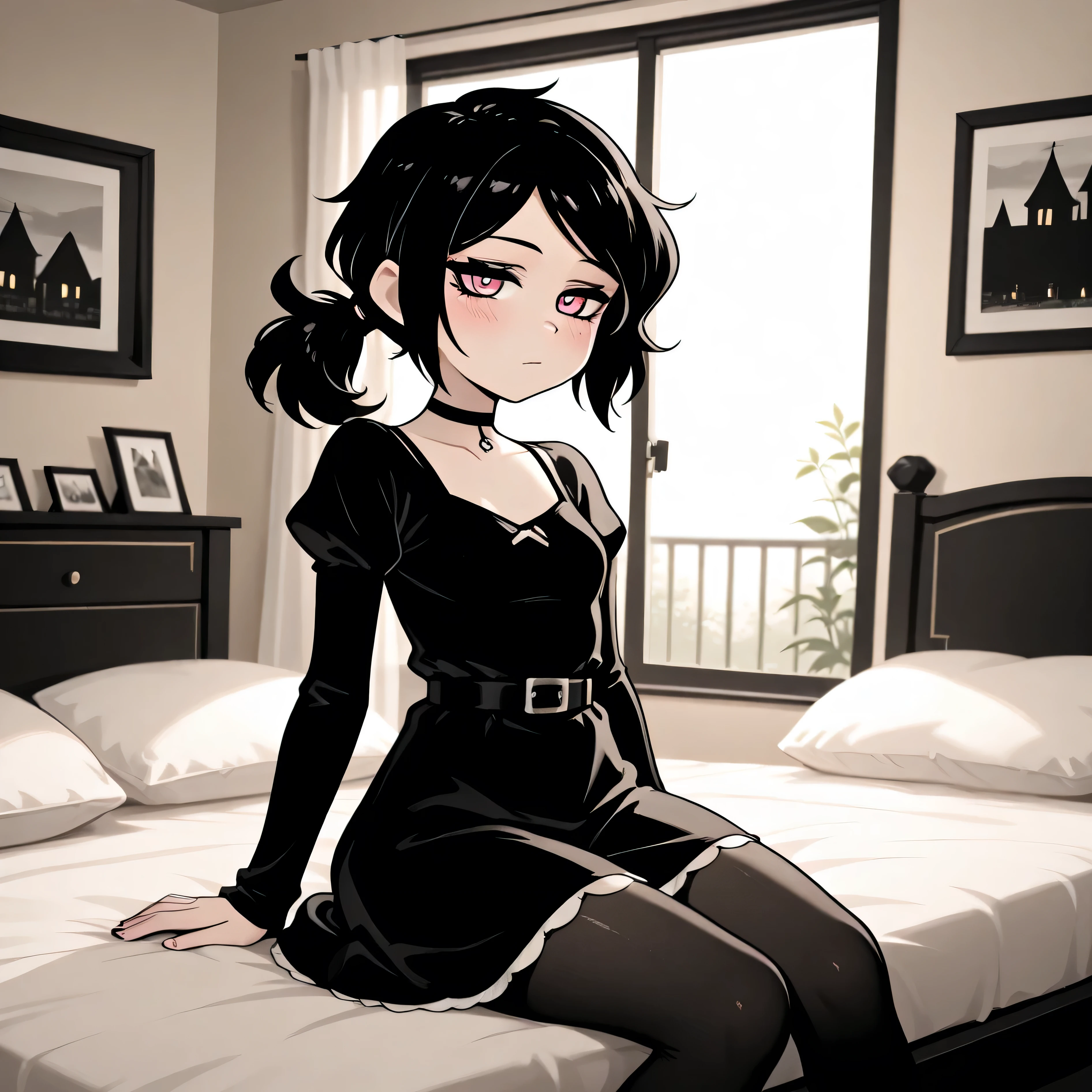masterpiece, best quality, amazing quality, in house, on bed, 1girl, solo, Ashley, pink eyes, black hair, gothic aesthetic, Ponytail, straight hair, sitting, looking at viewer,