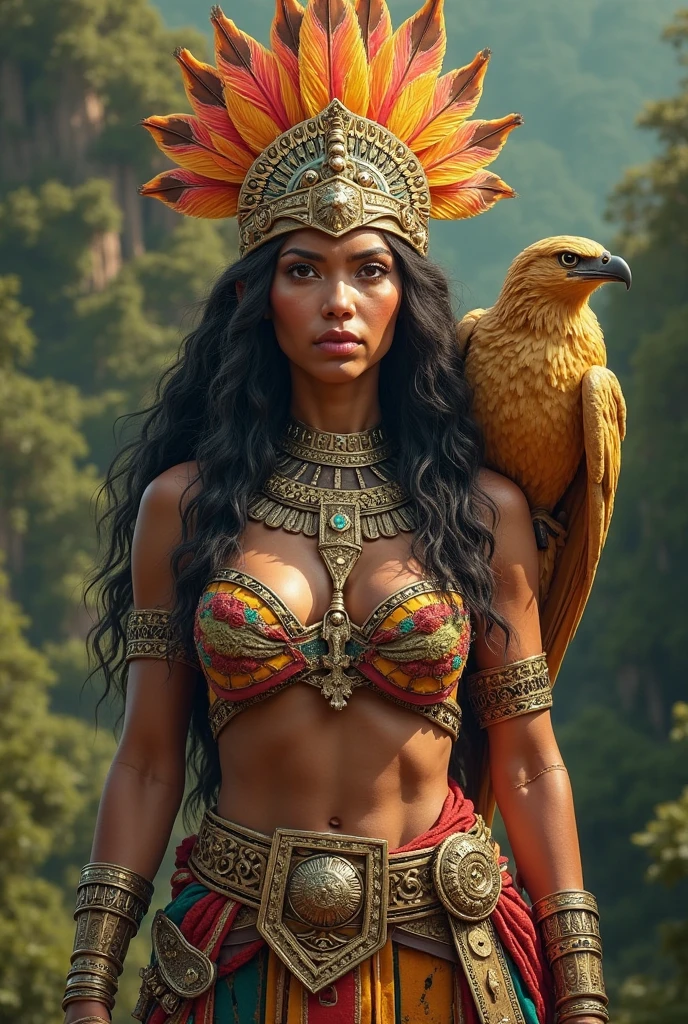 Human woman with yellowish skin, Egyptian semblance
Human body and head entirely of an owl, Black curly hair
Defined and slightly muscular body
Delicate purple clothing
Full gold and emerald jewelry necklace
Female body