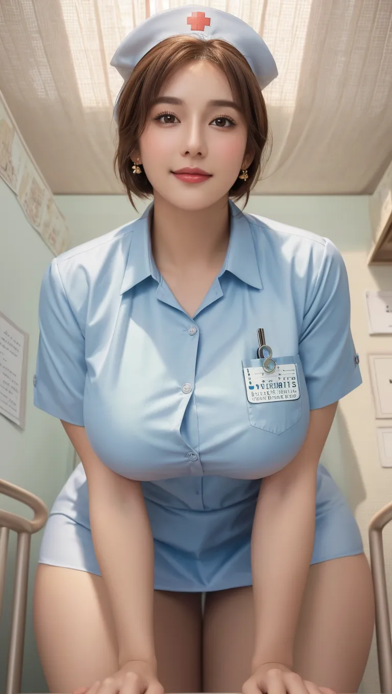 (One ultimate beautiful mature woman), experienced nurse, very detailed顔, detailed lips, detailed eye, double eyelid, brunette updo, (grin and laugh), ((beautiful teeth)), (((wearing a blue nurse uniform)))), big breasts, (thighs thighs thighs), Perfect fit, perfect body, perfect face, (((background: Hospital room with lots of medical equipment)))、(Depth of bounds written), Perfect image realism, With detailed background, detailed costume, perfection、hyper realism、Photoreal、8K maximum resolution, (masterpiece), very detailed, Professional