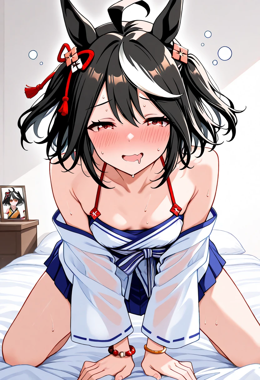 over-the-knee socks,collarbone,off-shoulder look,Black and red checkered hotpants,first round,(1girl,Beautiful girl),((Slender,,low length,Small breasts,Thin legs,Small Ass,Baby Face,Small face)),Hands Behind Back,lick,open mouth,tongue out,cum on tongue,front face,from front,front view,looking at viewer, looking ahead,from above,cowboy shot,Black Hair,two side up,Gray Eyes,Drooping eyes,slit pupils,narrow eyes.middle School girls,Kneeling,Straight Stand,Beautiful and detailed anime art,Mischievous smile,Sexy vibe,Dimly lit room,On the bed,Simple Background,Gray background,Low lighting ((( soaking wet ))) ((( topless )))
