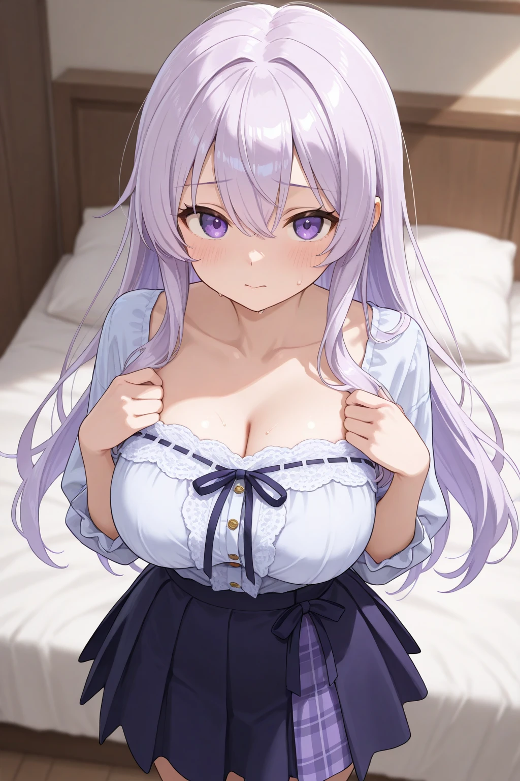 (master piece),(best quality),8K,high details,throw_doorway,1 girl,blush,looking for_in_viewer,cleavage,gray hair,purple nightgown,??????_face,,Huge