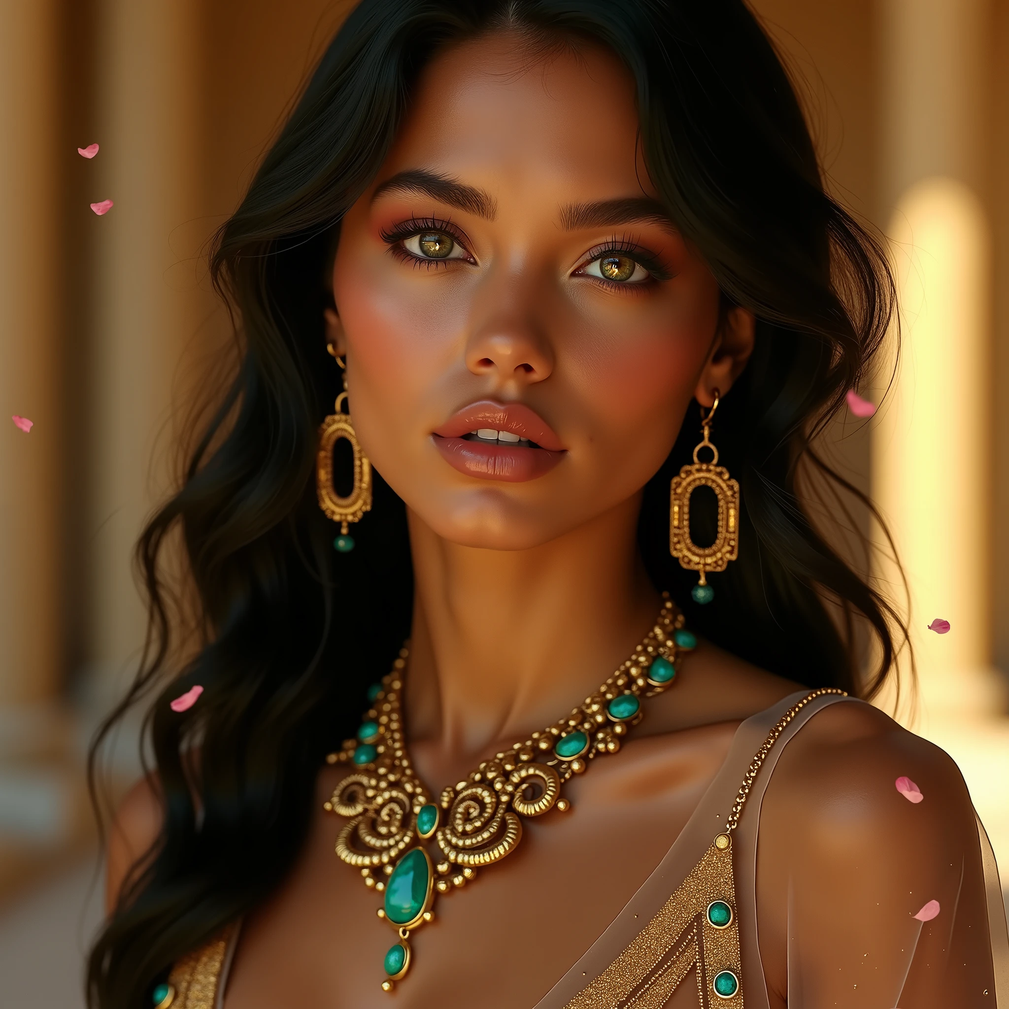 a gorgeous Mayan girl wearing the most vivid and luxurious glittery outfit, traditional native clothing, best quality, 8k, masterpiece, ultra-detailed, realistic, photorealistic, physically-based rendering, vivid colors, sharp focus, studio lighting, in front of a Mayan temple