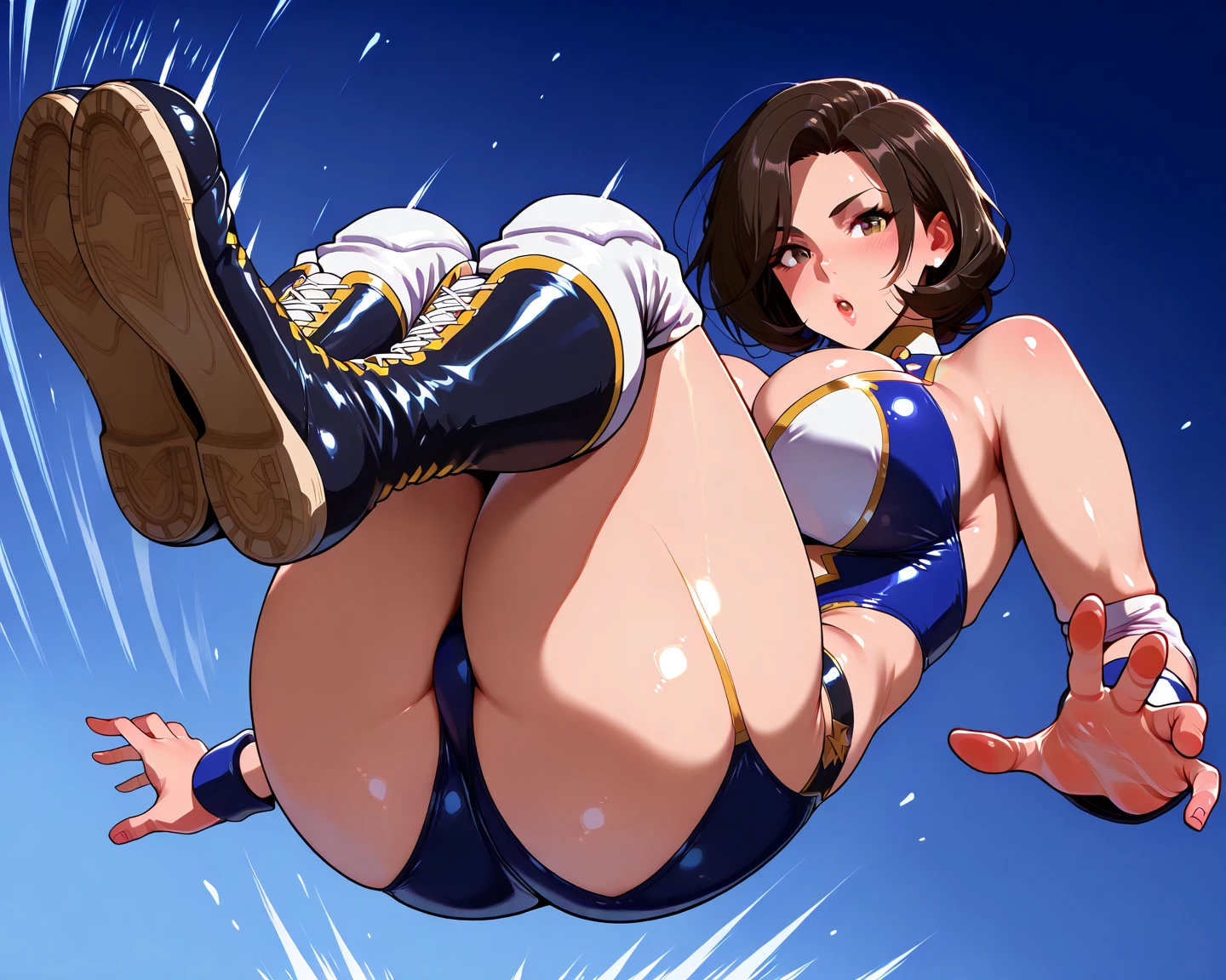 Chun Li striking a victory pose, I conic blue outfit mini dress, viewed from low angle