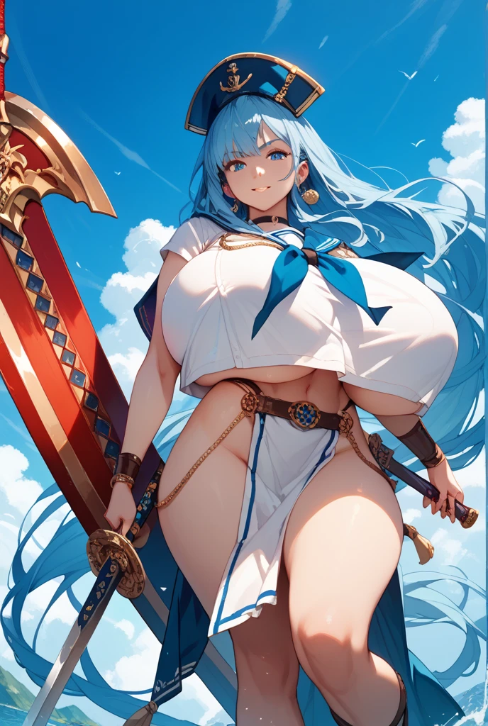 naughty face aqua konosuba smiling , blue hair sexy girl, no clothes, big ass, big bobs, White background
