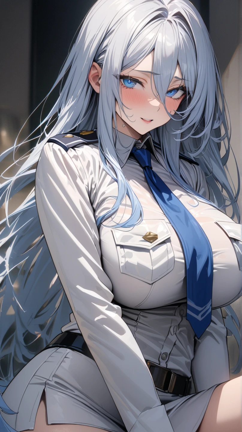 Anime girl big boob 
Tight blue polise uniform
White hair
