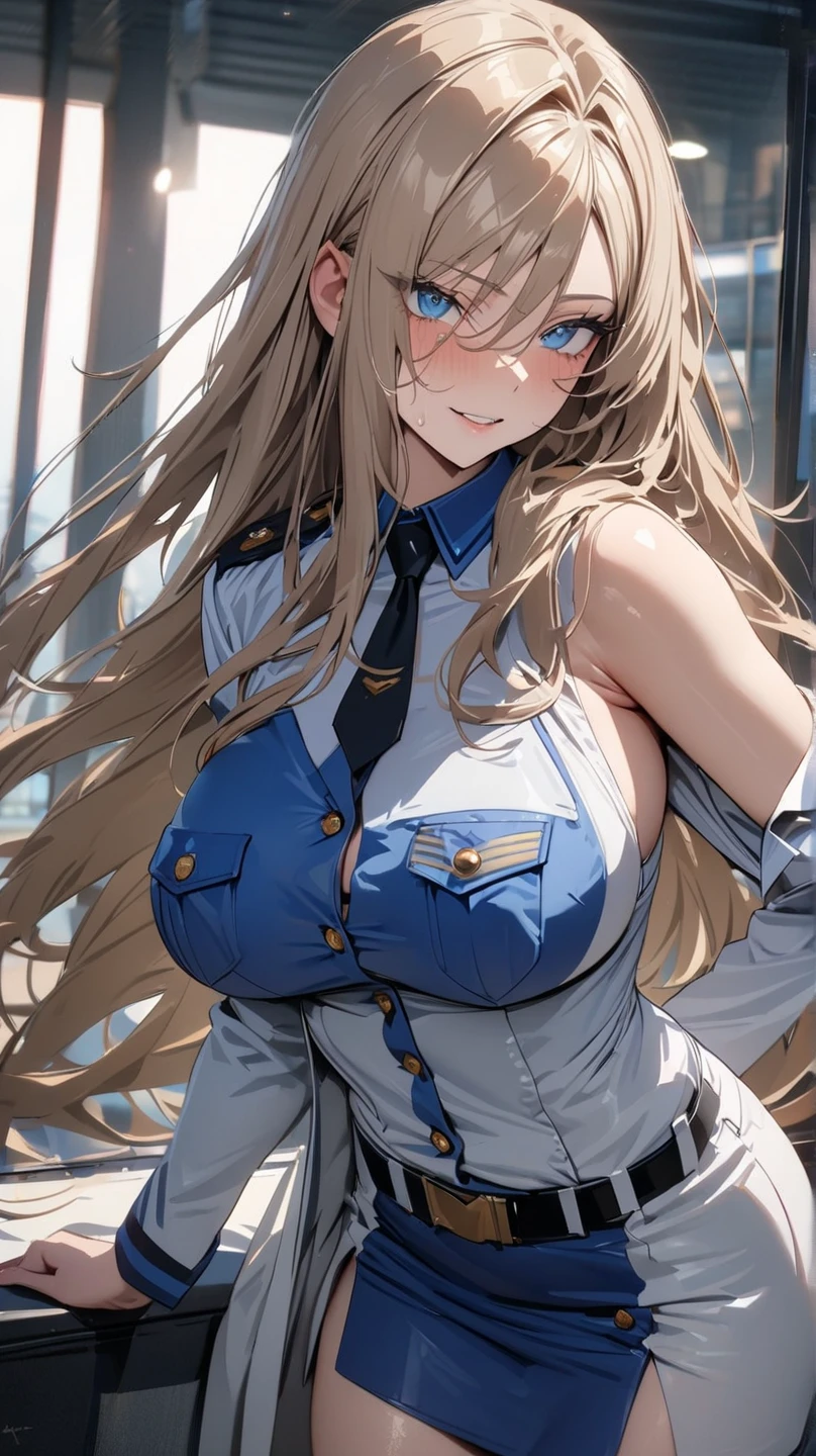 (((Uniform torn and nipples exposed)))、((bra very))、((((feel shy))))、((a blond))、beautiful Girl、Large beautiful breasts、cleavage of the breast、A slender、オマンコ、((((shyly seduce))))、((痴女))、(((((sexually seducing)))))、((Inside the bustling city))、((smil))