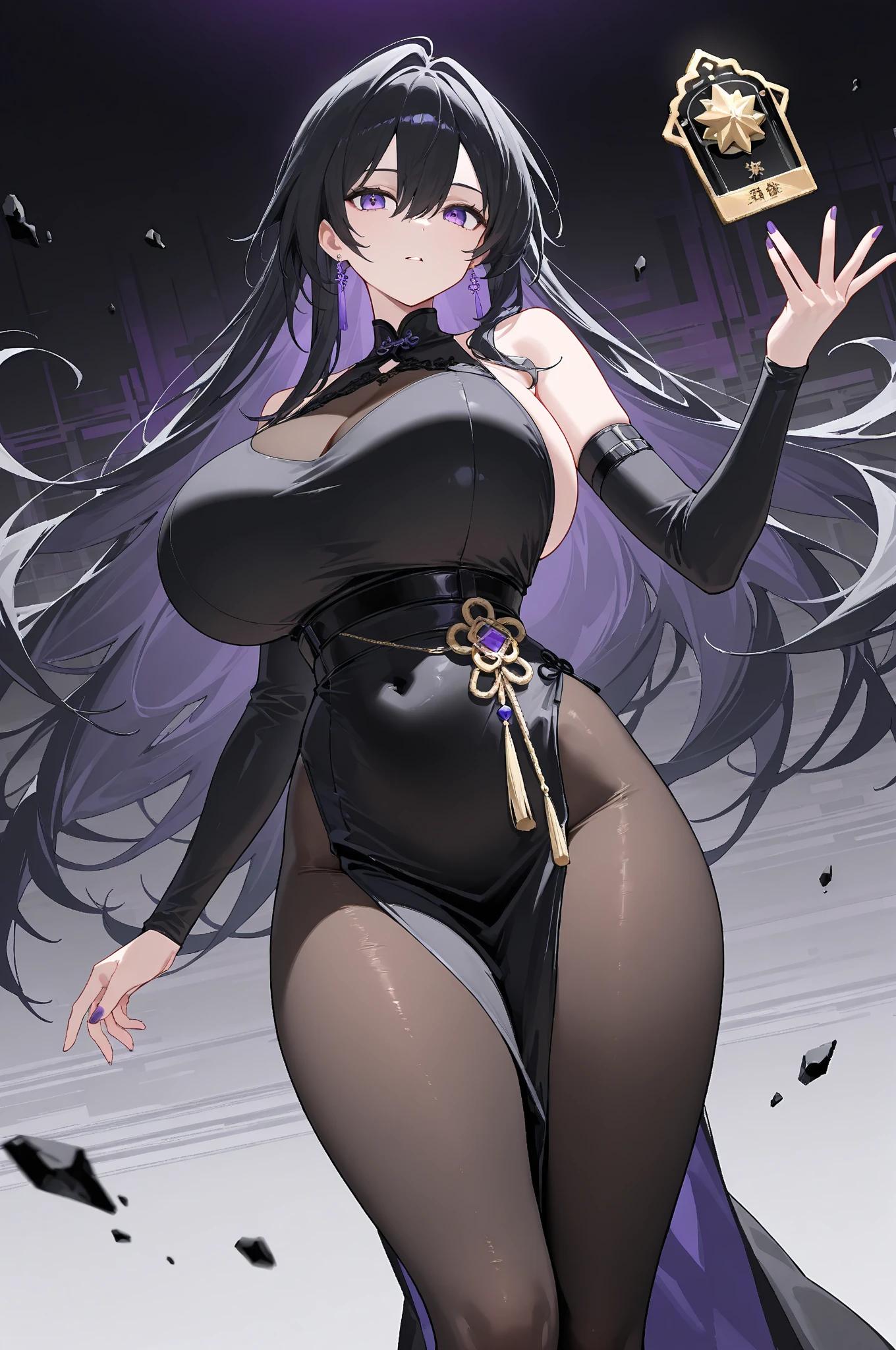 Solo，Facing the viewing angle，Gorgeous black shawl，black long straight hair，Gorgeous black wedding dress，Fishtail braided hairstyle，chiquita，Lori huge breasts cleavage，D-cups，Black colored eyes，A smug smile，Black extra-high heeled boots，stand posture，The right leg is extended forward，White background