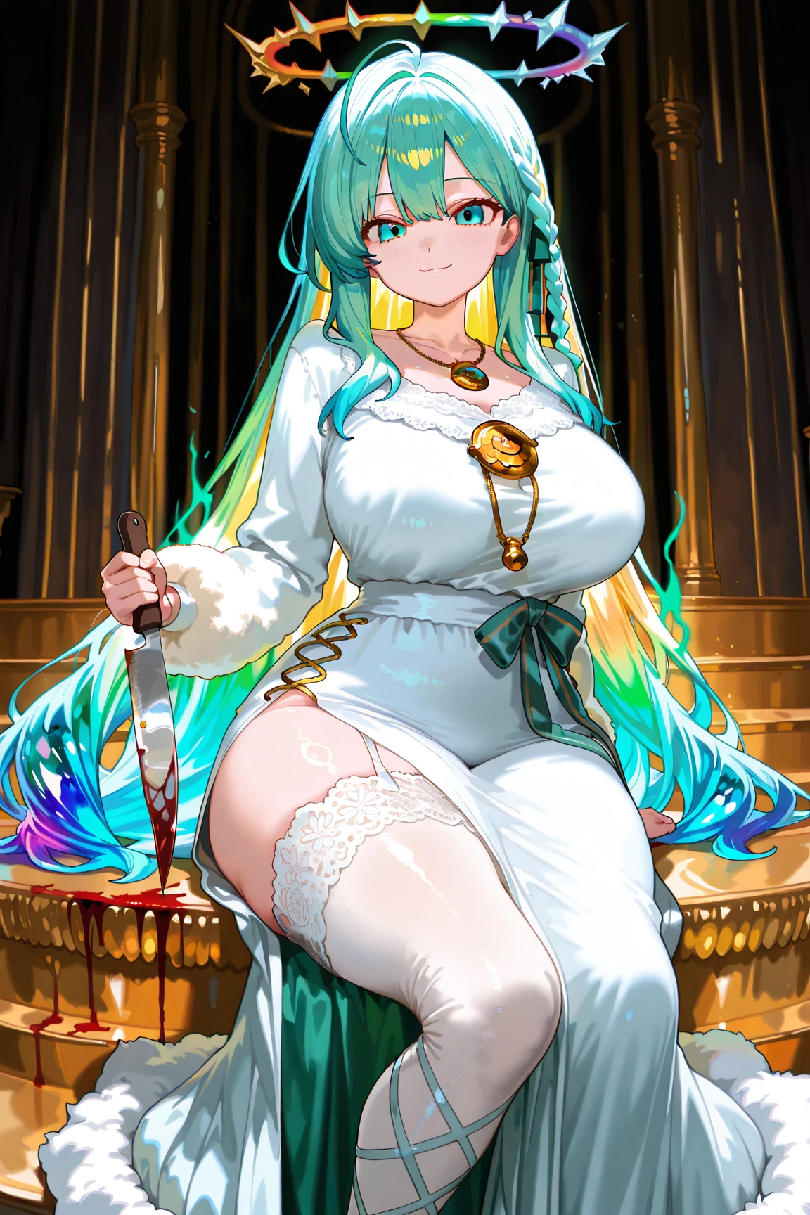 Anime, female, light blue hairs, yellow eyes, long hair, massive boobs, long dress, thigh, bare shoulder, collarbone, sitting, looking at viewer, in building