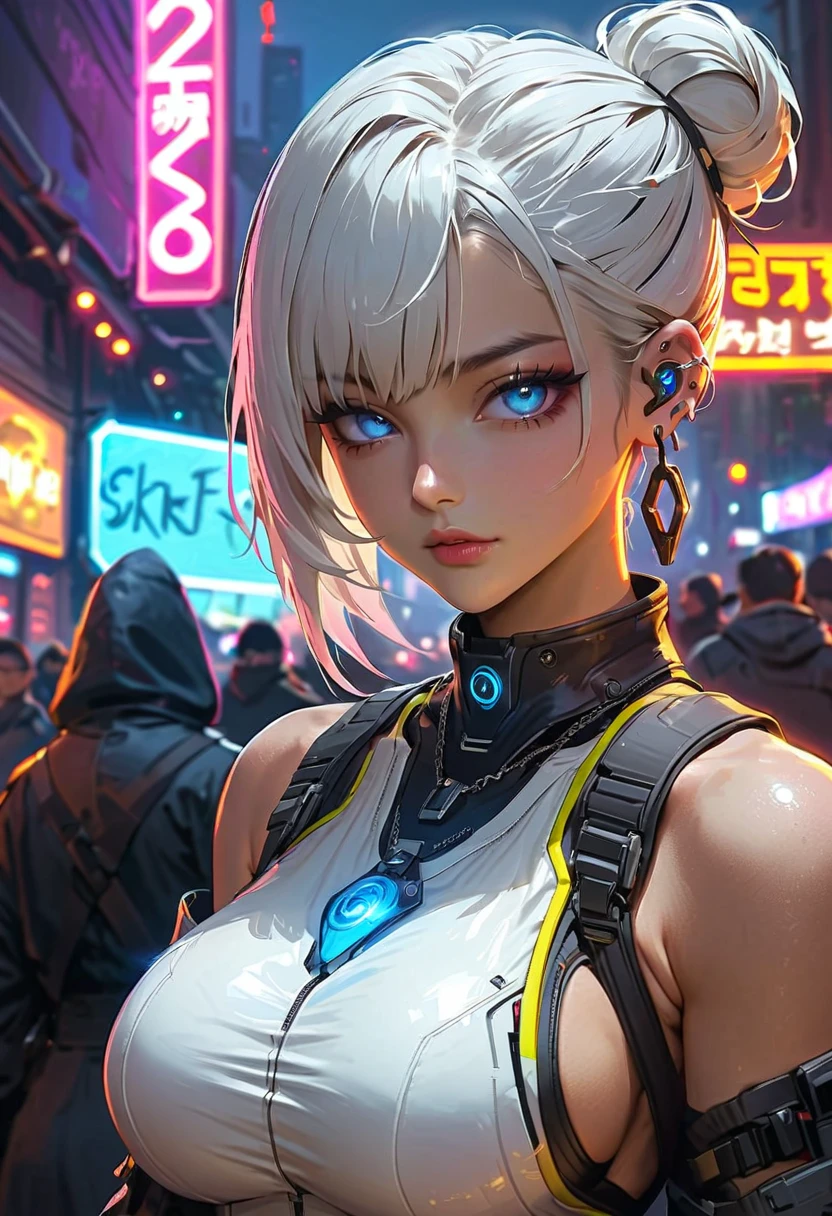 masterpiece,best quality,high resolution,8K,(Portraits:1.5),(R Original Photo),The real situation,Digital Photography,(A fusion of cyberpunk and fantasy),(Policewoman),,Feel free to hairstyle,White hair,Purple Eyes,By Bangs,(red eye breasts, Accessories,shut your mouth,Elegant and charming,Serious and arrogant,Calm and handsome,(Combination of cyberpunk and fantasy style clothing,hollow-carved design,Large Breasts,Photo poses,Realistic style,Gray World Background,oc render reflection texture,futuristic city,Medium distance photography
