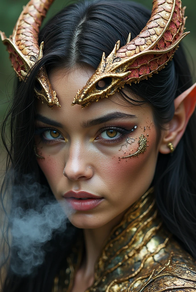 (Masterpiece, 8K, UHD, high resolution: 1.4), Terra, a 30-year-old woman, (wearing a chimera-inspired mask with details of stones and foliage: 1.3), (predominantly in green, brown, and gold: 1.2), (moss-green hair, long and slightly wavy: 1.3), (green eyes with a soft, natural glow: 1.2), (set in a natural forest or garden scene: 1.3), (surrounded by majestic trees and lush plants: 1.3), (moss-covered rocks: 1.2), (filtered light through tree canopies creating a peaceful and magical atmosphere: 1.3), (realistic and intricate details in the foliage and environment: 1.2), (calm and immersive perspective: 1.3)