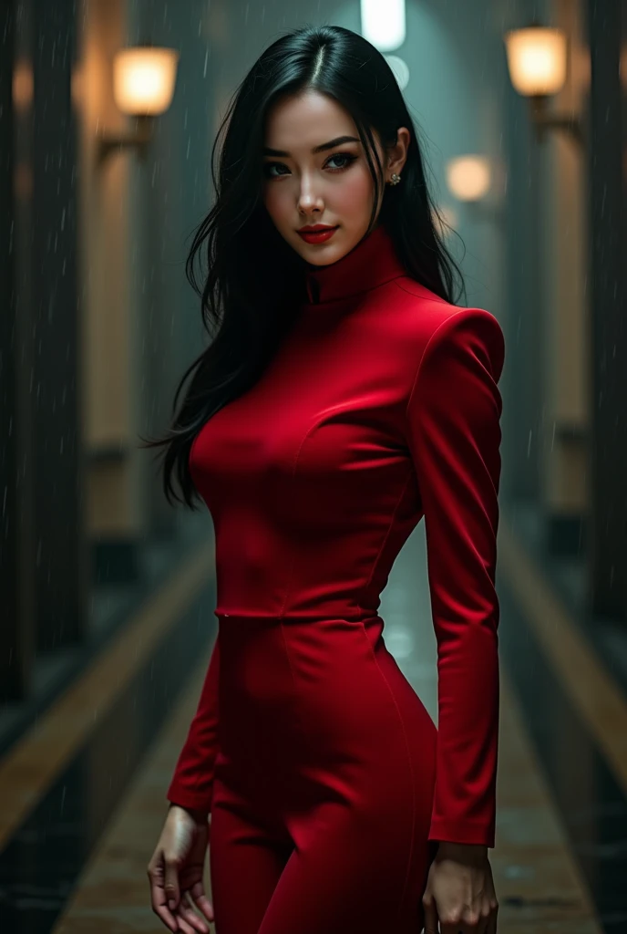 Excellent, masterpiece, black hair, red dress, looking up, upper body, hair, fair skin, emanation, golden dragon, red theme, skirt