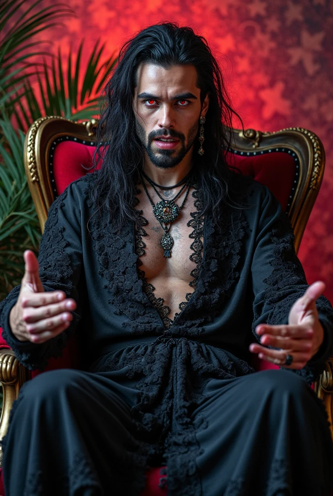 ((best quality)), ((masterpiece)), (detailed), perfect face Male Young golden half-dragon demon wizard, wearing red formal robes, serious face with a smile, athletic body, Brown skin, dragon wings in his back, inside a luxurious room, lying on a bed half naked,  magic energy aura around his , long hair brown, Gold scales in his body, HD image.    