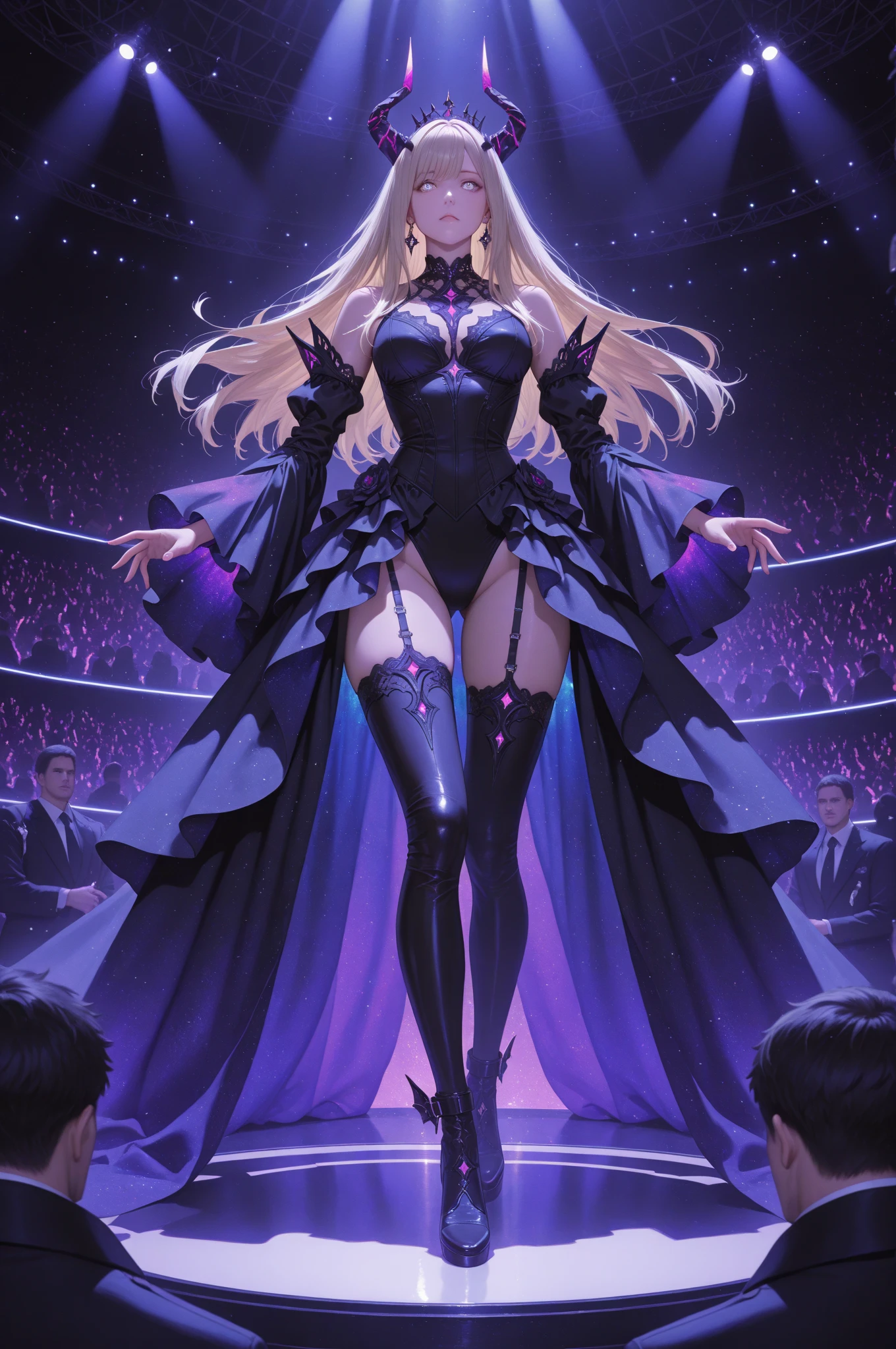A blonde woman wearing a black skirt and a purple dress with stars., ArtJam style, extremely detailed ArtJam, ArtJam. Anime illustration, ArtJam. Attention to detail, wlop and ArtJam, style ArtJam, ArtJam and wlop, style of ArtJam, artist ArtJam i and wlop