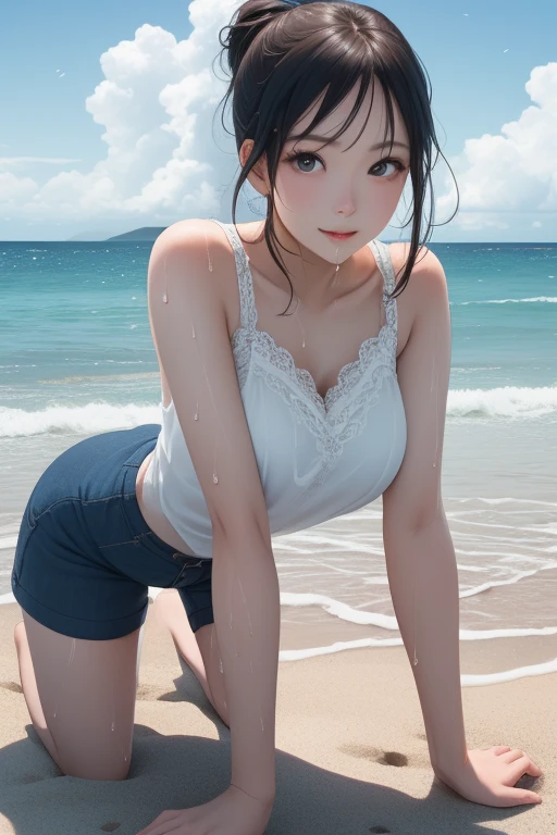 1 girl in a bikini covered in sweat, and sticky white stuff laying on the ground sad.