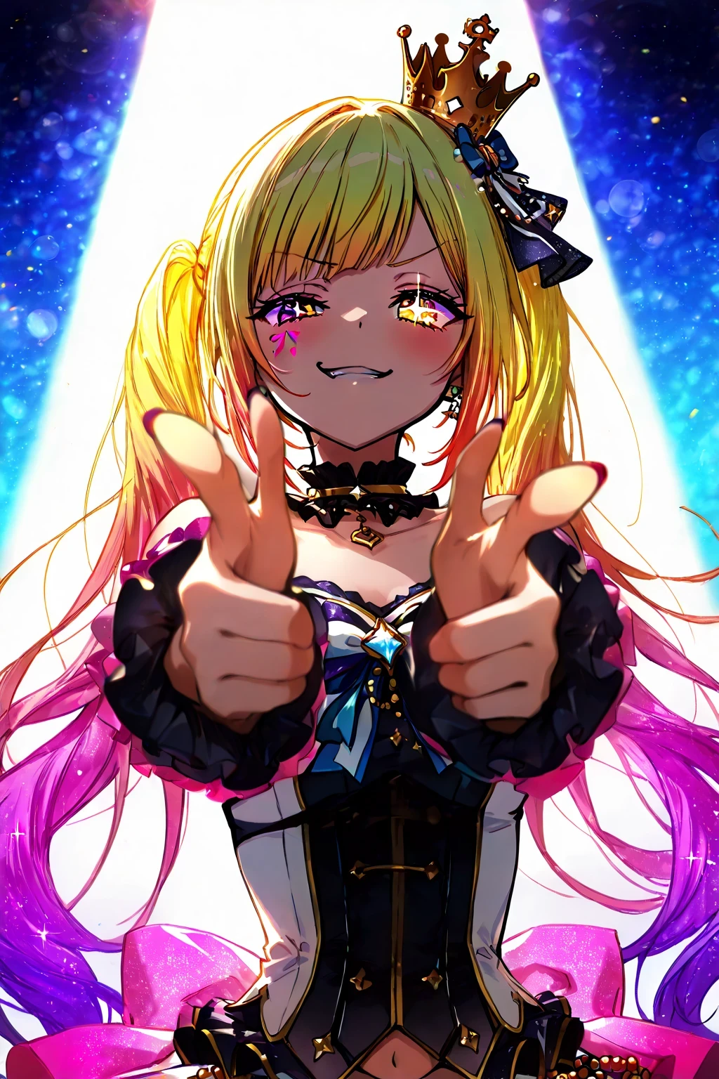 POV, low angle view, centered composition, upper body of young woman idol wearing glittering metallic idol costume, small crown on head, direct eye contact, looking directly at viewer, staring directly at viewer, mischievous smirk with sparkling eye, finger gun pose, pointing at viewer, floating small hearts, sparkling particles, lens flare,
sparkling pink splash resembling viewer’s blood splatter in foreground,
blurred background in idol stage, colorful stage lighting, colorful gradient, masterpiece, best quality, high resolution, high detail,
