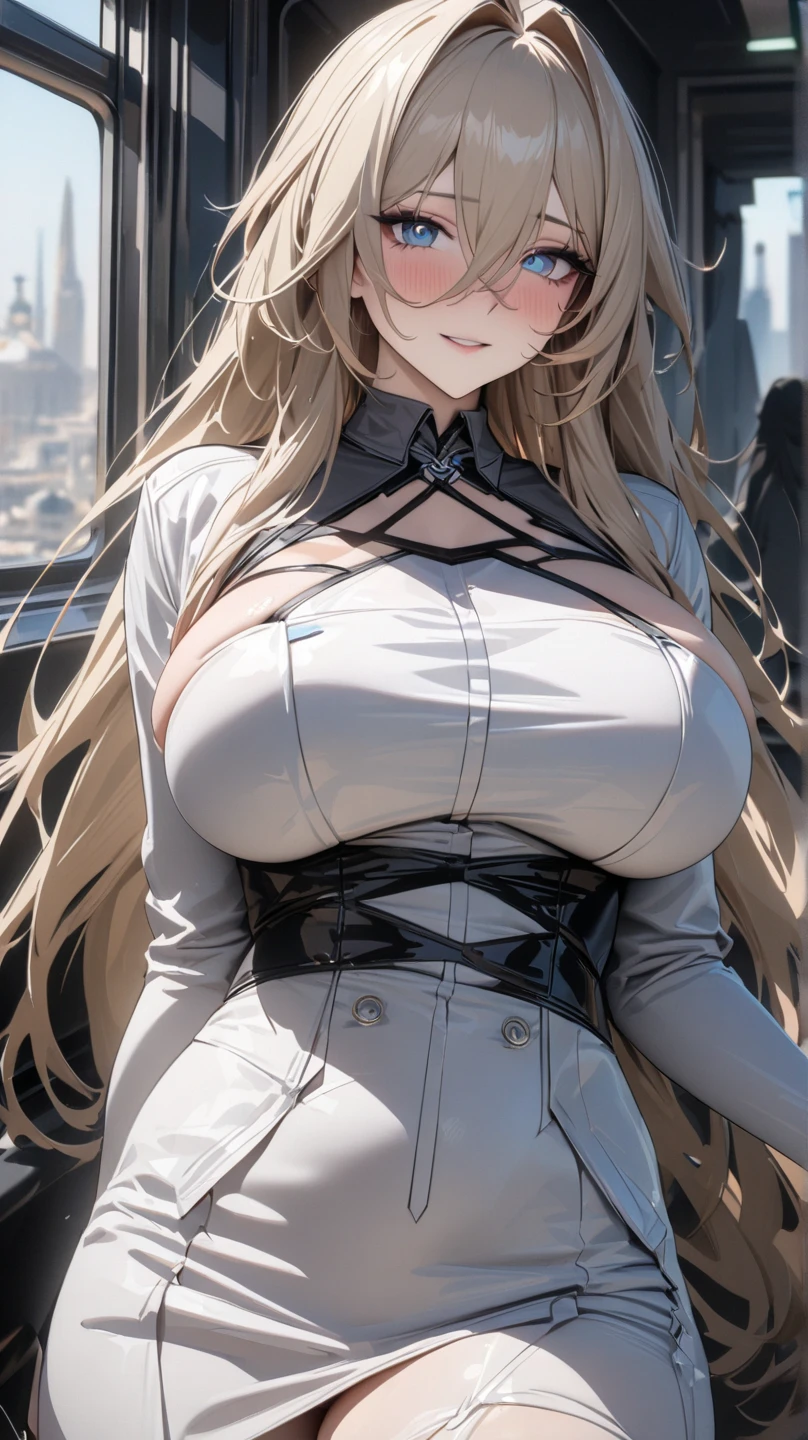 ((((Obra maestra, La mejor calidad, ultrahigh resolution)))), 1girl, standing,), ((long pure blonde hair, hair over eye)), long hair cut, shiny skin, ((green eyes)), glowing_eyes, neon eyes, (ultra detailed eyes:0.7, beautiful and detailed face, detailed eyes:0.9), ((centered)), smirk, facing viewer, ((vibrant background, dark lighting, summer, sunlight)), large chested, looking at viewer, ((half closed eyes)), ((perfect hands)), (((head:1, arms, hips in view, elbows, in view))), ((hands behind back)), empty eyes, beautiful lighting, ((outside, outdoors)), defined subject, head tilt, (((gritty)), ((creepy)), ((cool)), ((beautiful)), (((NSFW))), hair ornament, petals in the air, moon in the sky, city, mature woman, adult woman, she is a princess, smiling, fullbody, fullbody shot, she looks spicy, attractive woman, dynamite body, wide hips, she is nude, nude, naked, pussy, nipples
