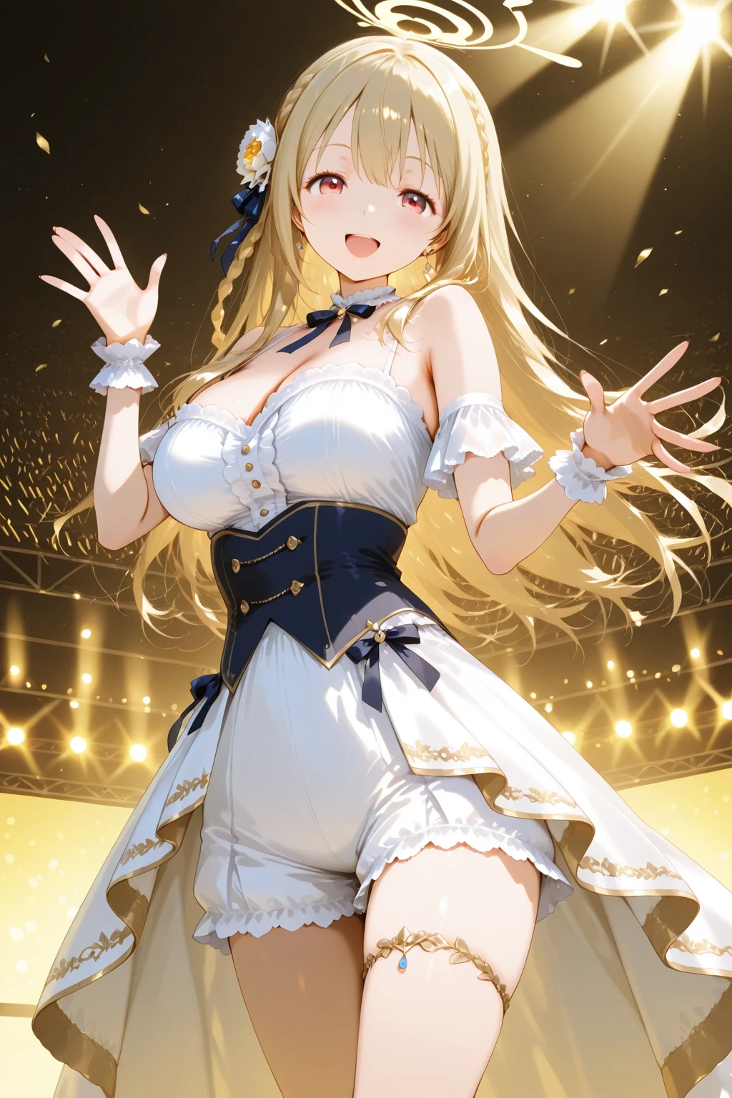 sakuragi hand (Idol Master), (highest quality, 8k, masterpiece, Very detailed:1.2), (Lens flare, Particles of light, Shine), Big Breasts, smile, Open your mouth, masterpiece, highest quality, Very detailed, High resolution, Very detailedなCG, masterpiece, highest quality, Very detailed, High resolution, Very detailedなCG, Official Art, White idol costume, White pleated skirt,Off the shoulder,((nsfw))