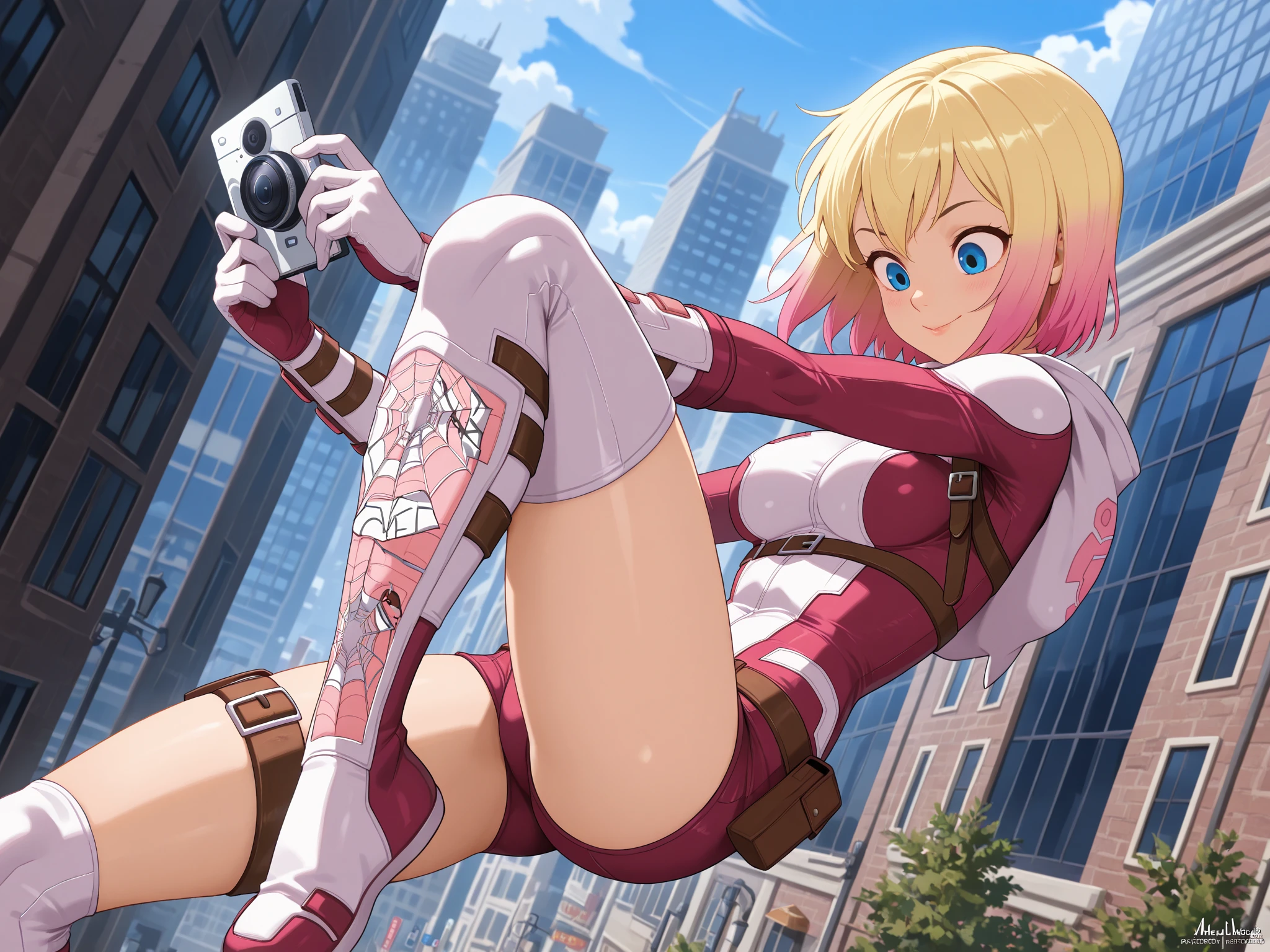 A Female robot is sleeping in the book, , , banzai pose. she wears . She Brown short hair is tied with two big red clothespins, She lifts up the under hem of her white plain dress, leaning over, masterpiece, very short pigtails,brown hair, mature, android, blue eyes, full body figure, Height: 160cm, flushed cheeks, 2020s anime picture, A beautiful robot with short brown hair in two short pigtails held up by two very large huge red clothespins, Uplifting, No , whole body, barefoot, archaic smile, getting , 25 years old, sweat bucket.