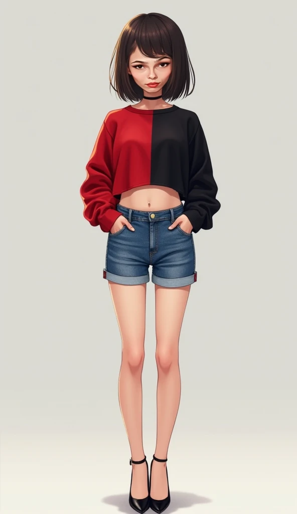 (CharacterSheet), (full body, reference sheet), Vtuber reference pose, character A-poses, ( 1 girl ), red hair, cool looking woman, short hair, tomboy, mature woman, expressive eyes, relax, (perfect female proportions), (t-shirts with midriff)+, (open shirt, (oversized shirt loose)) +, (very large breasts)+, (rugged jeans)+, ripped short jean, long legs, skinny legs, slim hips, wear Converse shoes, tomboy, milfication, mature female, simple pose, for reference sheet, warm tone, casual clothes, masterpiece, best quality