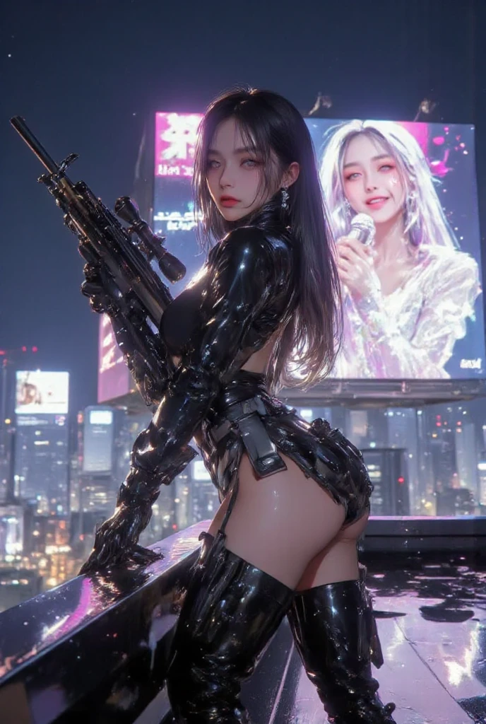 ((16K)),((masterpiece:1.3)), ((Highest quality)), ((Ultra-high resolution)), (Very detailed), (Realistic, photoRealistic:1.4), Perfect lighting,((Side light)), Written boundary depth, Surrealism, No makeup, Film Grain, chromatic aberration, Sharp focus, Face Light,((Beautiful detailsまでこだわった髪)),((Beautiful eyelashes)), Beautifully detailed face, Beautiful details, Beautiful clavicle, Beautiful body, Thin legs,Beautiful breasts, Pointed Chest,Beautiful legs, ((Detailed and carefully drawn hand)), Cleavage, Perfect ???????, Supermodel with a long neck,((Skinny1.3)),23 years old,Looking into the camera,(Perfect ???????,Anatomically correct, Very detailed肌), Glowing Skin,((beautiful girl:1.1)),(( large breasts :1.5)),shiny hair,((Wavy Hair:1.2, Black Hair)) ,hair over one eye, Dainty facial structure,((closed eyes:1.4)),((open mouth:1.3 )),((big butt:1.3)),((stick out butt:1.4)), ((show your butt hole:1.6)),((Looking Back)),((wearing Cyberpunk Gunfighter)), ((Futuristic Cyberpunk Outfit)), ((Don a futuristic ensemble with cyberpunk-inspired clothing, incorporating sleek lines and high-tech details, Gloves with Built-in Tech, Enhance the look with gloves that feature built-in tech elements, adding a sci-fi touch, Holographic Gun Holster, Carry a holographic gun holster for an avant-garde and visually striking appearance in a Hollywood-worthy action scene)),background((Background of a colorful cyberpunk Tokyo street at night. The scene features futuristic skyscrapers illuminated by neon lights and holographic advertisements. Flying vehicles zip through the sky, while people in cyberpunk fashion walk the streets below, The walls of the buildings are adorned with giant digital screens displaying vibrant ads and animations. The ground is embedded with colorful LED lights, creating an ethereal and otherworldly atmosphere throughout the city)), ((From above)),((Chair)),